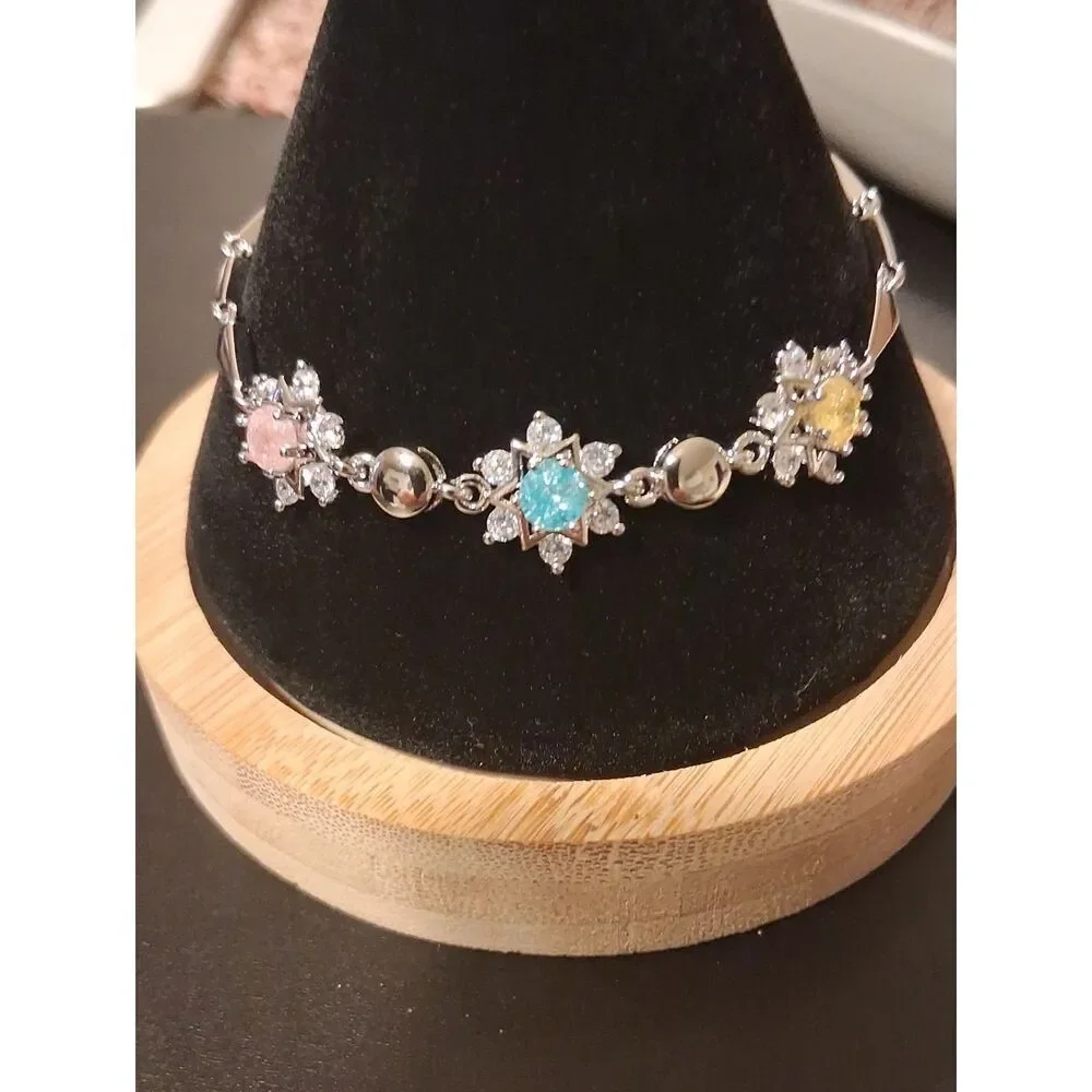 Candy Bracelet White Gold Plated, Clear & Colored CZ With Extention 7 To 7.5